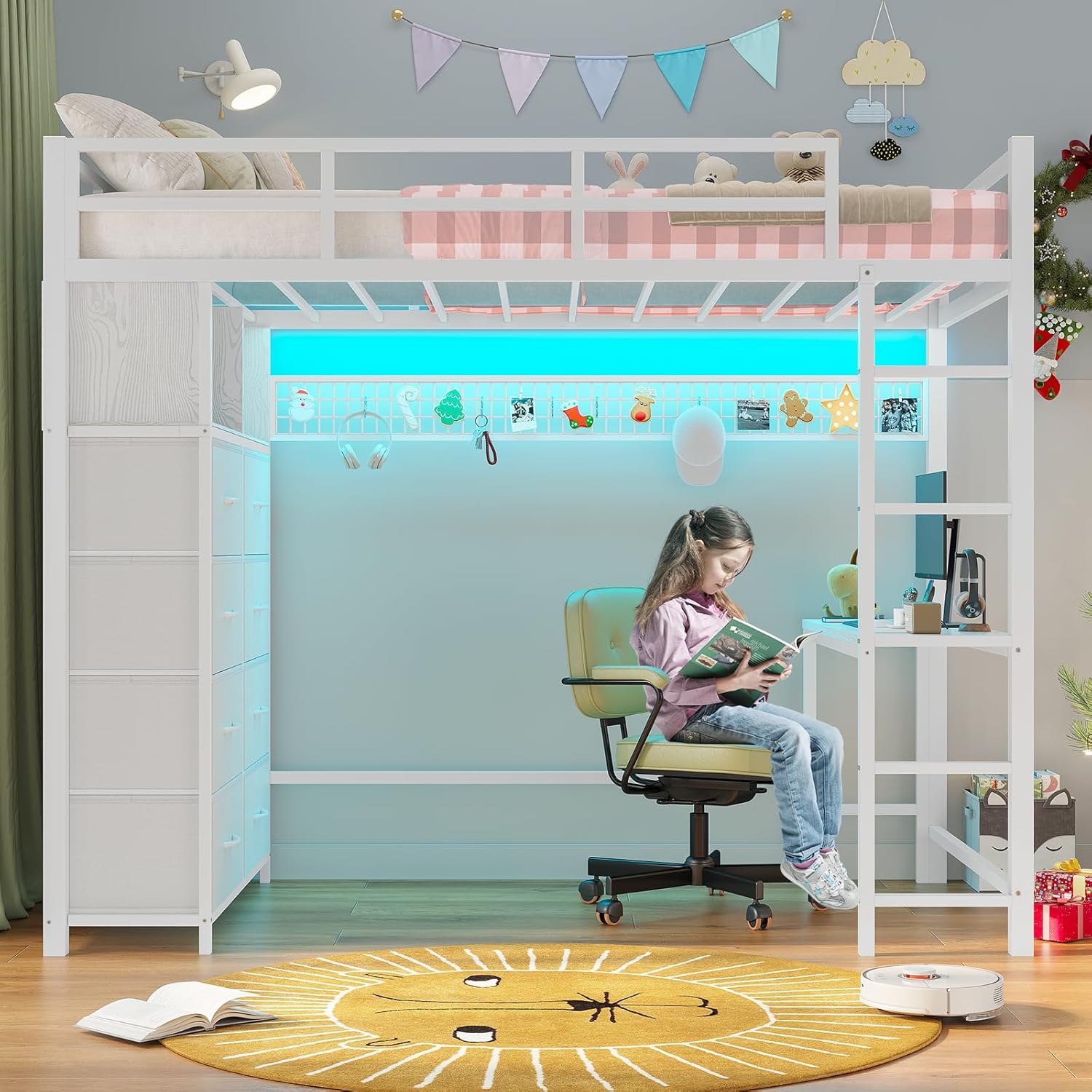 ADORNEVE Twin Size Loft Bed with Desk and 8 Storage Drawers, Metal Kids Loft Bed Twin with LED Lights & Charging Sation, Storage Shelves, 13.1" H Safety Guard & Ladder, No Box Spring Needed, White