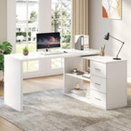 HSH White L Shaped Desk with Drawers Shelves, 360 Rotating Office Computer Desk with Storage Cabinet, Corner Home Office Desk Computer Table .55 Inch