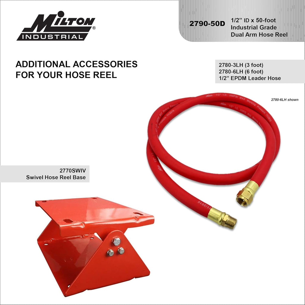 MILTON Industrial Hose Reel 2790-50D  Auto Retractable  Chemical Resistant  Prevent Cracking  Flexible in Extreme Conditions 1/2” Hose ID  50 Foot Rubber Hose  300 PSI Max Pressure 1/2" Male NPT  Red
