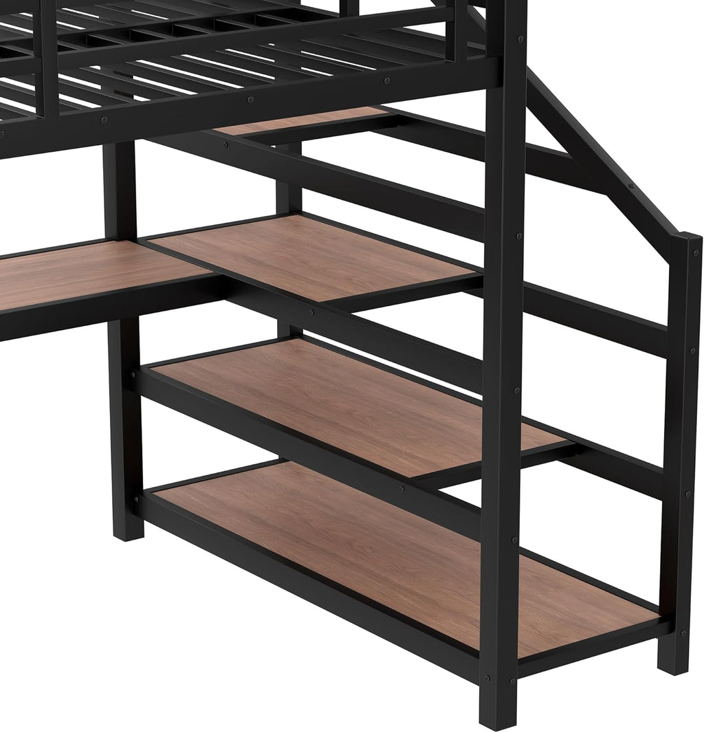 Bellemave Metal Full Size Loft Bed with Desk and Storage Stairs,Heavy Duty Loft Bed Frame Full Size with LED Lights and Charging Station for Kids,Teens,Adults,Black
