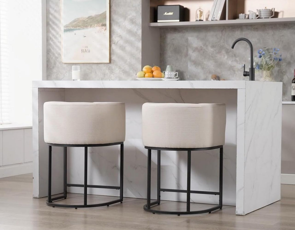 Contemporary Cream Linen Bar Stools Set of 3, 24" Upholstered Fabric Counter Height Barstools Kitchen Counter Island Stools with Screwed Together Black Metal Base