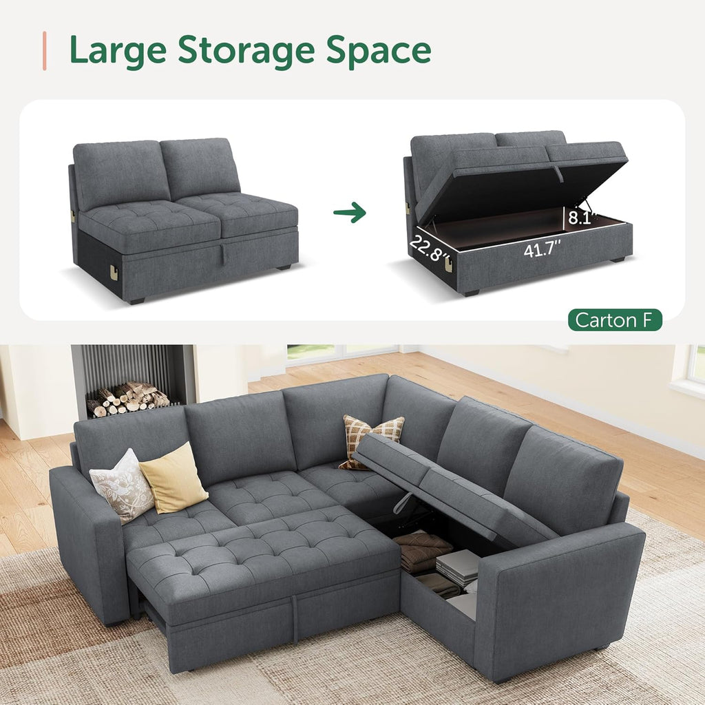 HONBAY Modular Sectional Sleeper Sofa with Pull Out Couch Bed, L Shaped Couch with Storage Seat, Sectional Couches for Living Room,Bluish Grey