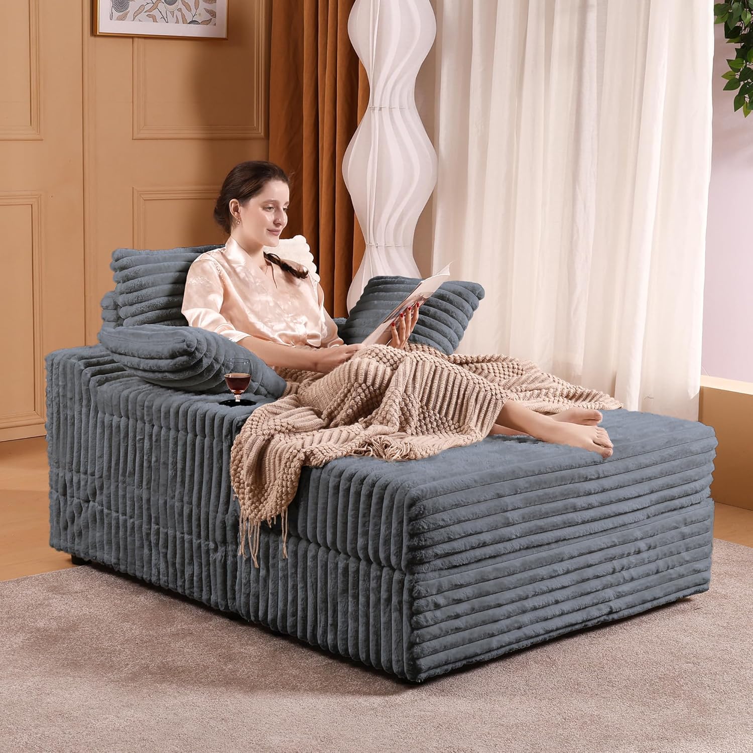GarveeHome Oversized Chaise Lounge Chair Indoor with Storage Ottoman, Upholstered Corduroy Sofa Bed Cloud Couch with 3 Pillows, Single Sleeper Sofa Chair for Living Room, Bedroom (Grey)
