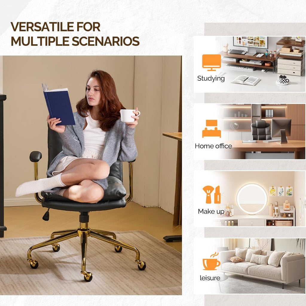 VINGLI Home Office Desk Chair Comfy with Wheels & Removable Armrests,Gold Base Vanity Chair with Back, Adjustable Rolling Swivel Computer Task Chair for Study,Makeup,Office,Bedroom,PU Leather,Black