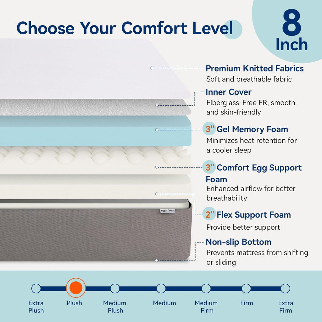 Amazon Basics Memory Foam Plush Mattress, Queen, White/Grey, 80 x 60 x 8 inches