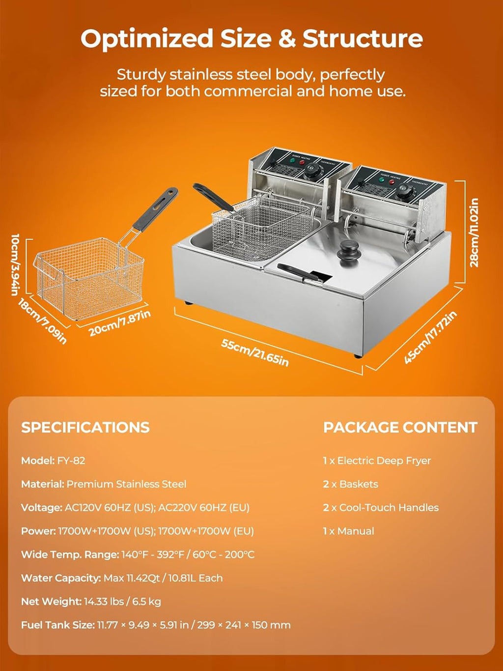 Commercial Deep Fryer, 3400W Electric Countertop Fryer with 2 Baskets & Lids, 22.8QT Dual Tank Stainless Steel Deep Fryer for Restaurant, Food Truck, Party