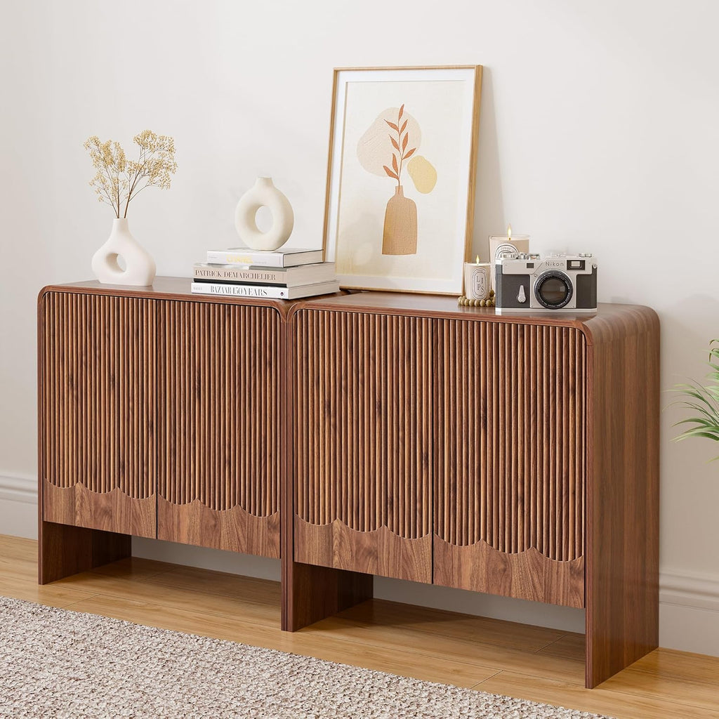 Fluted Sideboard Buffet Cabinet with Storage Set of 3, Mid Century Modern Storage Cabinet with Curved Edge and Adjustable Shelves for Kitchen Dining Room Living Room (Walnut, 3 pcs)