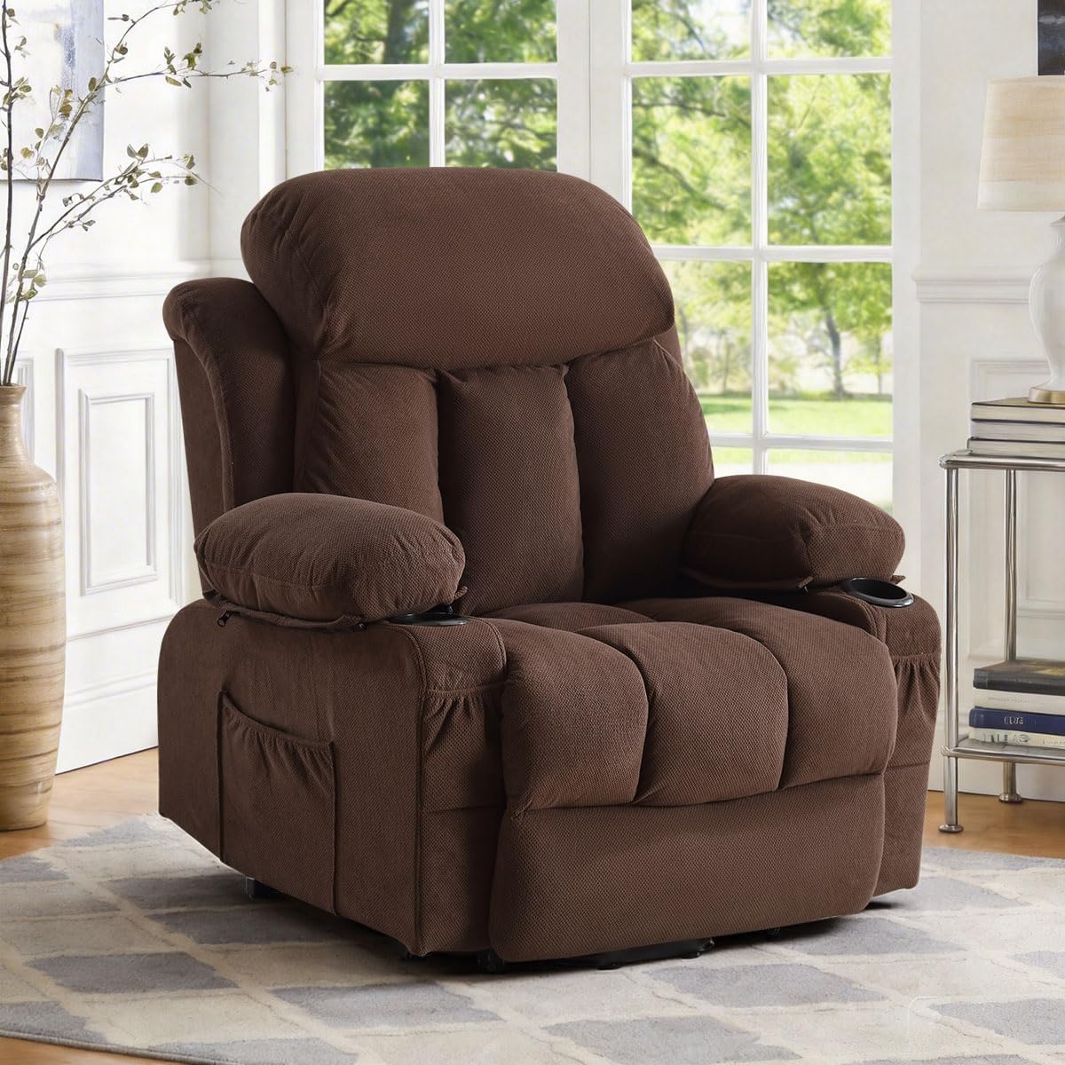 BOSMILLER Power Lift Recliner Chair with Massage and Heat for Elderly, Electric Recliner Single Sofa with Two Cup Holders, Extended Footrest, Side Pocket and USB Charge Port for Living Room