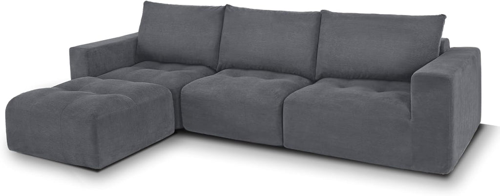 MCombo 121" Modular Sofa Couch, No Assembly Required, L Shaped Compressed Sectional Sofa with Ottoman, Deep Seat Upholstered Boneless Couch for Living Room, SS378 (Dark Grey)