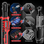 20V Cordless Ratchet Wrench 3/8" Set, 88 Ft-lbs(120N.m), 500 RPM, Electric Ratchet Wrench with 2PCS 2000mAh Batteries, Variable Speed, LED Light, 5 Sockets, 1/2" Adapter, 3" Extension Bar