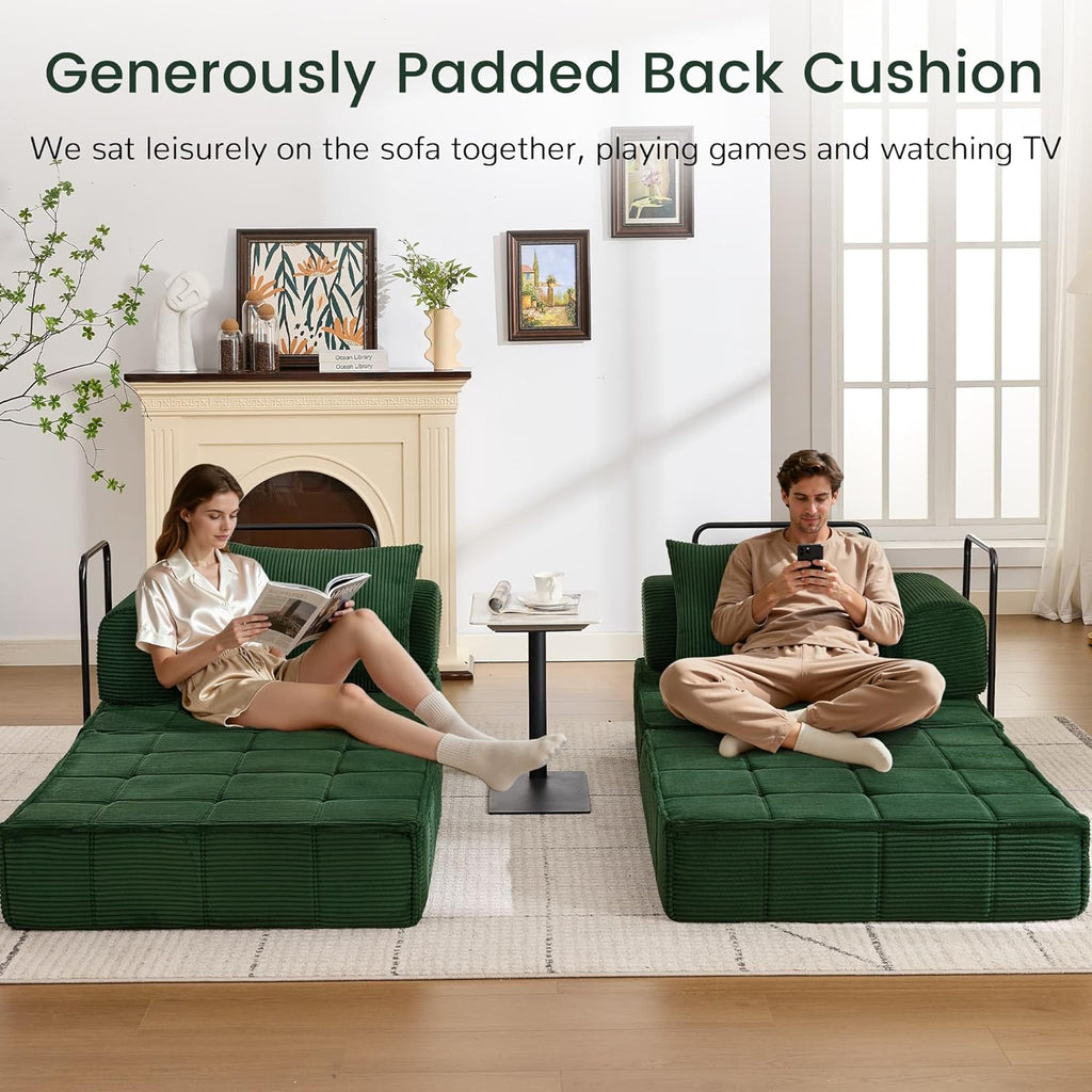 6-in-1 Convertible Sleeper Sofa Bed, Corduroy Folding Mattress Couch with Fixed-Shape Frame, Modular Foldable Boneless Couch, Loveseat Couches with 2 Pillows, for Living Room, Bedroom, Green