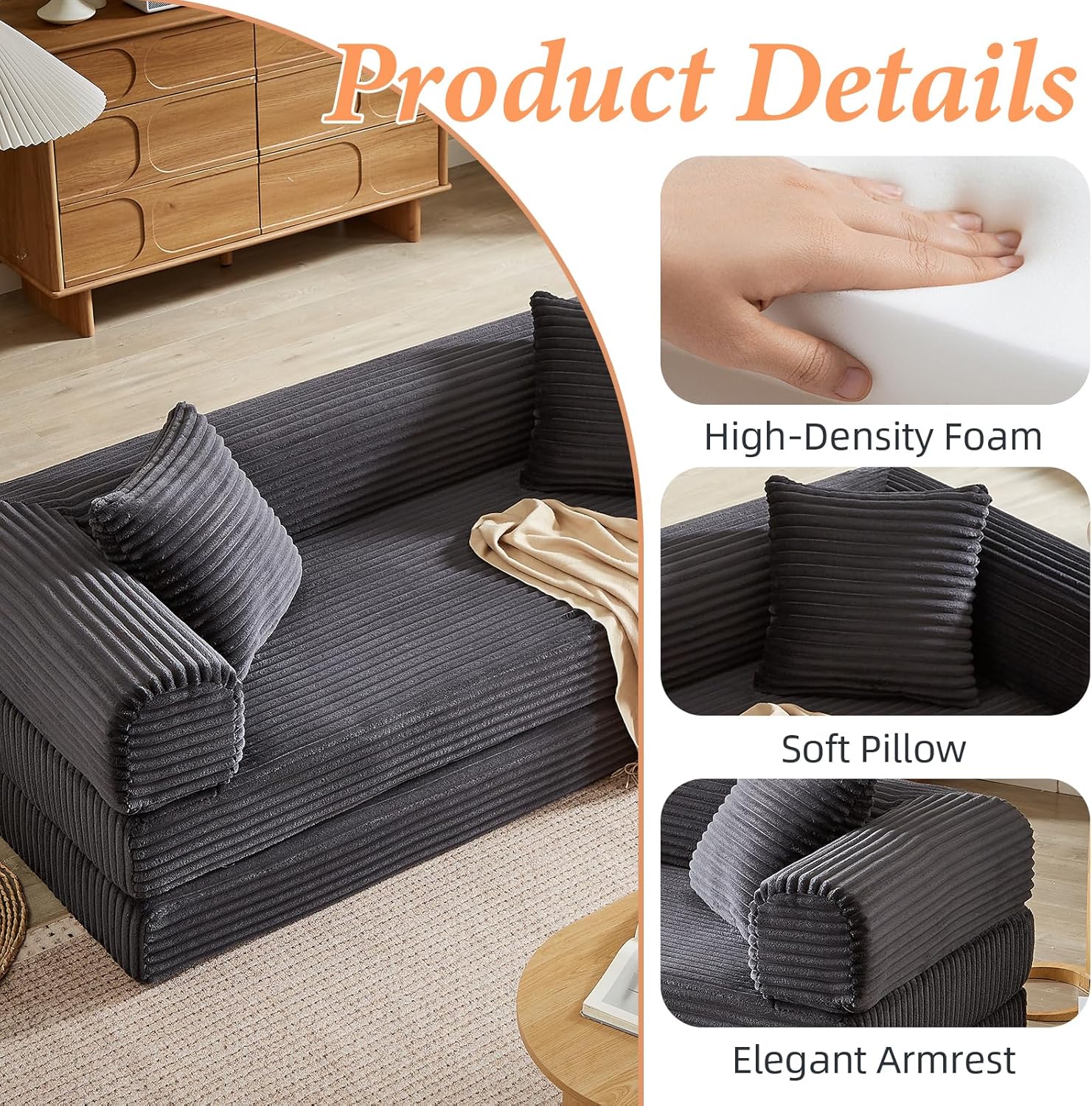 78 Inch Convertible Futon Sofa Bed,Folding Boneless Couches with Sleeper Sofa,Fold Out Floor Sofa Couch with Deep Seat,Cloud Corduroy Foldable Mattress Couch for Living Room (Dark Grey)