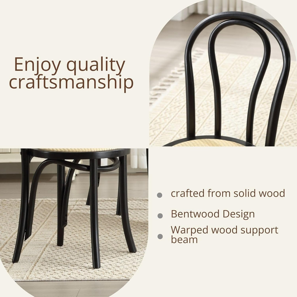 Solid Wood Dining Chairs Set of 2 Mid-Century Modern Rattan Kitchen Room Chairs with Backrest Bentwood Side/Desk Chairs for Dining/Living Room,Home, Black Wood