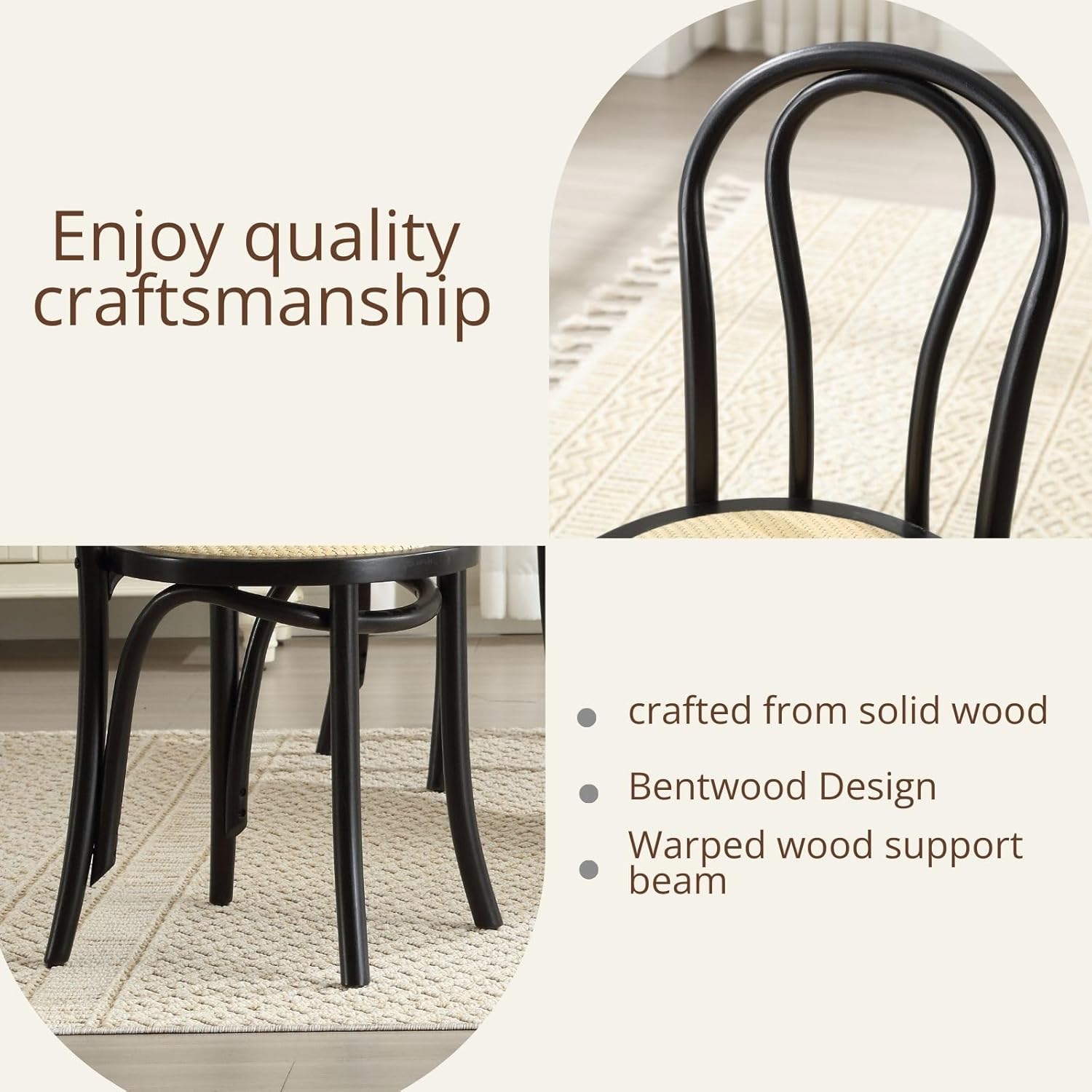 Solid Wood Dining Chairs Set of 2 Mid-Century Modern Rattan Kitchen Room Chairs with Backrest Bentwood Side/Desk Chairs for Dining/Living Room,Home, Black Wood