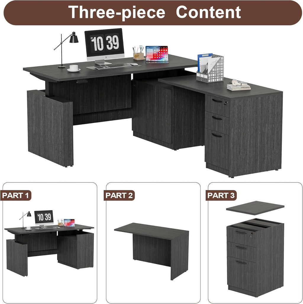 66.93" L Shaped Executive Standing Desk with Pre-Assembled Frame & Lockable Cabinets, Fixed Right-Facing Design, Dual-Motor Height Adjustable Sit-to-Stand Desk for Corporate & Home Office