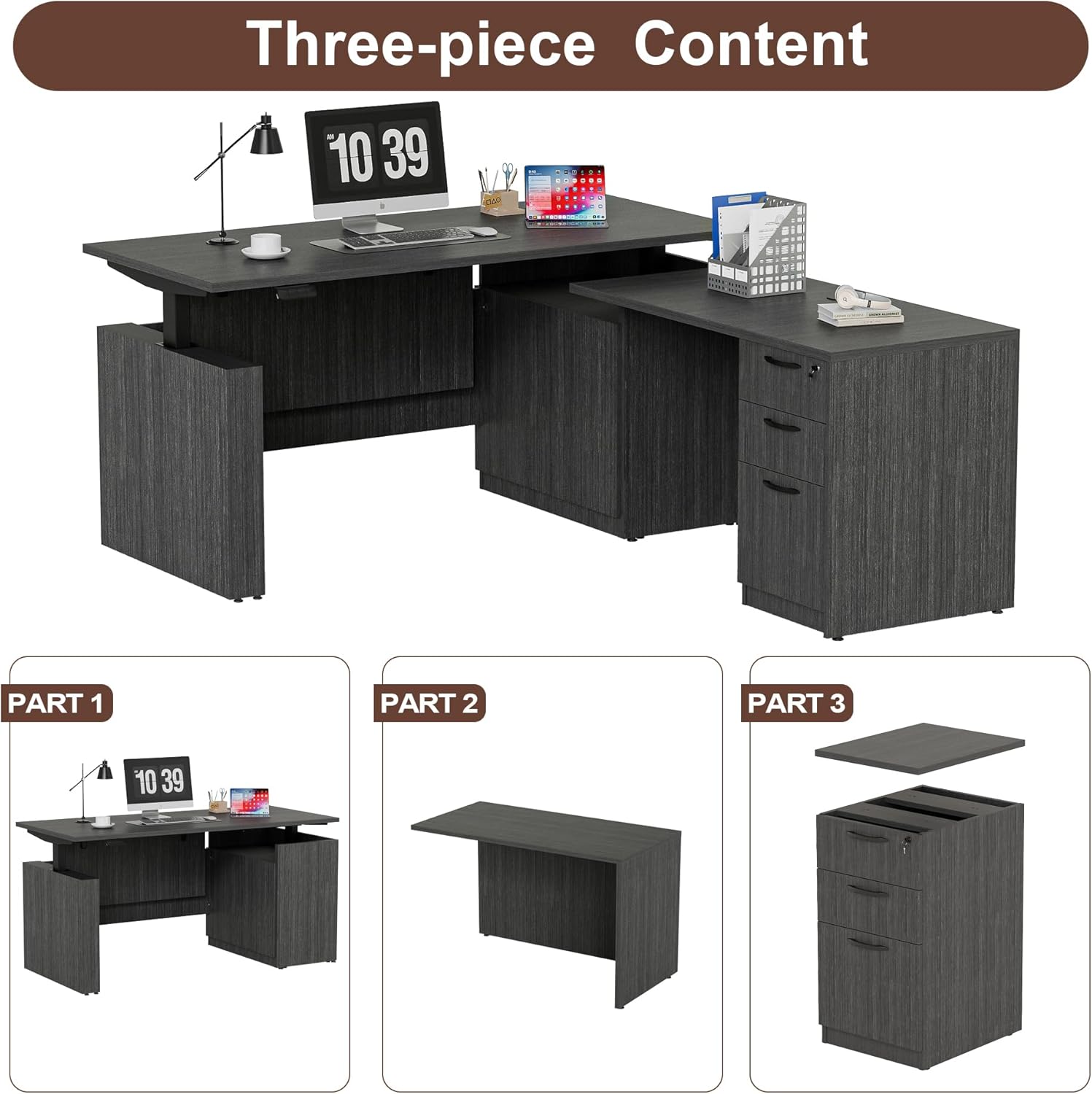 66.93" L Shaped Executive Standing Desk with Pre-Assembled Frame & Lockable Cabinets, Fixed Right-Facing Design, Dual-Motor Height Adjustable Sit-to-Stand Desk for Corporate & Home Office