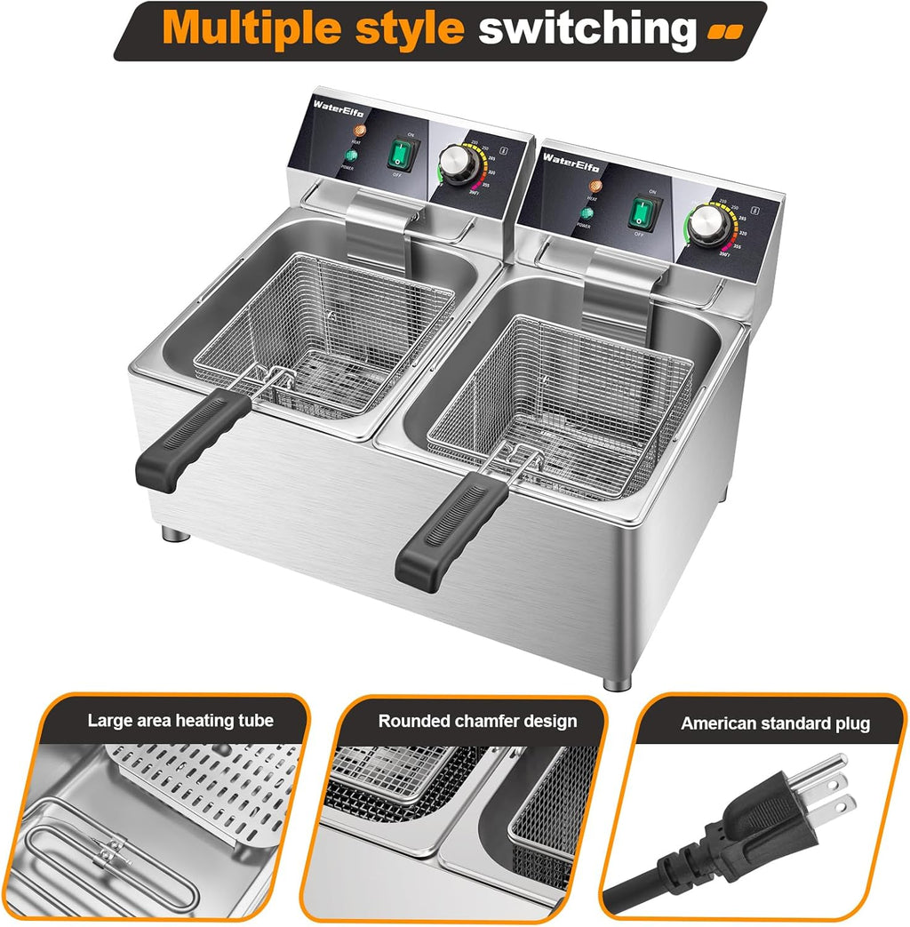 WaterElfo electric turkey fryer Commercial deep fryer with basket 3600W27.4QT with timer26L deepen deep fryer Variable twin cylinder 13.7QT*2 Rapid heating