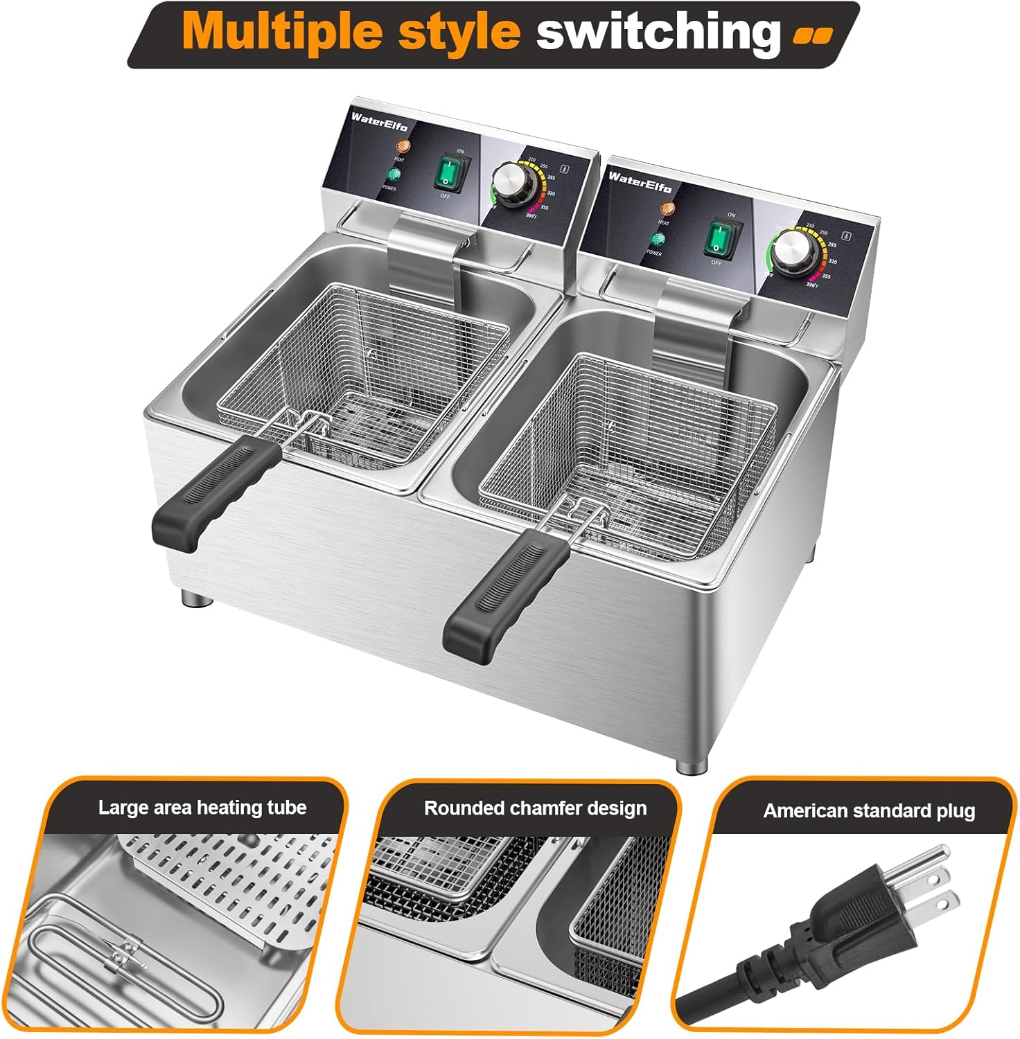 WaterElfo electric turkey fryer Commercial deep fryer with basket 3600W27.4QT with timer26L deepen deep fryer Variable twin cylinder 13.7QT*2 Rapid heating