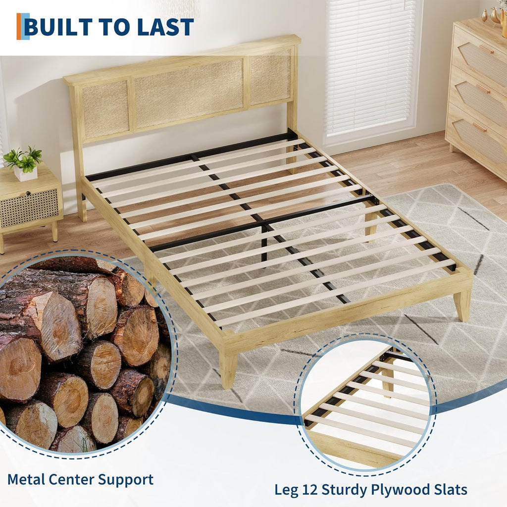 Rattan Bed Frame Queen with Natural Rattan Headboard, Sturdy Wooden Slats, Metal Platform Support, Silent Slats, No Box Spring Needed, Stylish and Robust Bedroom Furniture