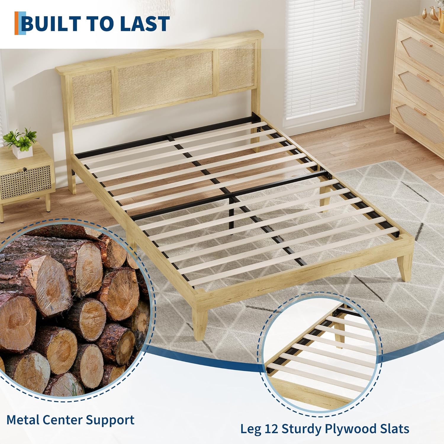 Rattan Bed Frame Queen with Natural Rattan Headboard, Sturdy Wooden Slats, Metal Platform Support, Silent Slats, No Box Spring Needed, Stylish and Robust Bedroom Furniture