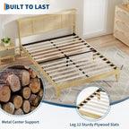 Rattan Bed Frame Queen with Natural Rattan Headboard, Sturdy Wooden Slats, Metal Platform Support, Silent Slats, No Box Spring Needed, Stylish and Robust Bedroom Furniture