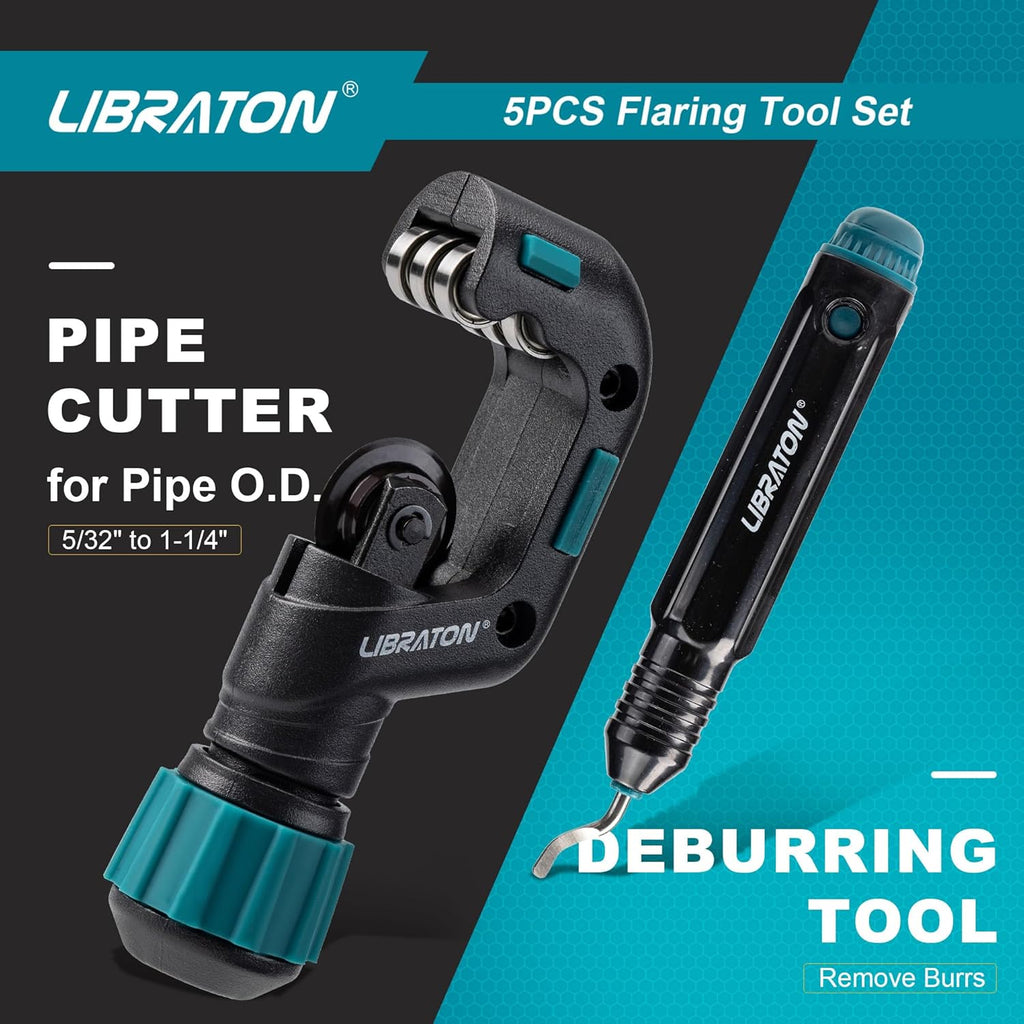 LIBRATON Flaring Tool, HVAC Flaring Tool Kit, Copper Flaring Tool, 45° Eccentric Single Flare Tool for 1/4''-3/4'' and 6-19mm with Pipe Cutter, Deburring Tool for Copper Aluminum Pipe