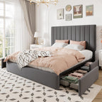 Allewie Queen Size Storage Bed Frame, Vertical Channel Tufted Adjustable Headboard, Velvet Upholstered Platform Bed with 4 Oversized Underbed Drawers, Wooden Slats Support, No Box Spring Needed, Grey