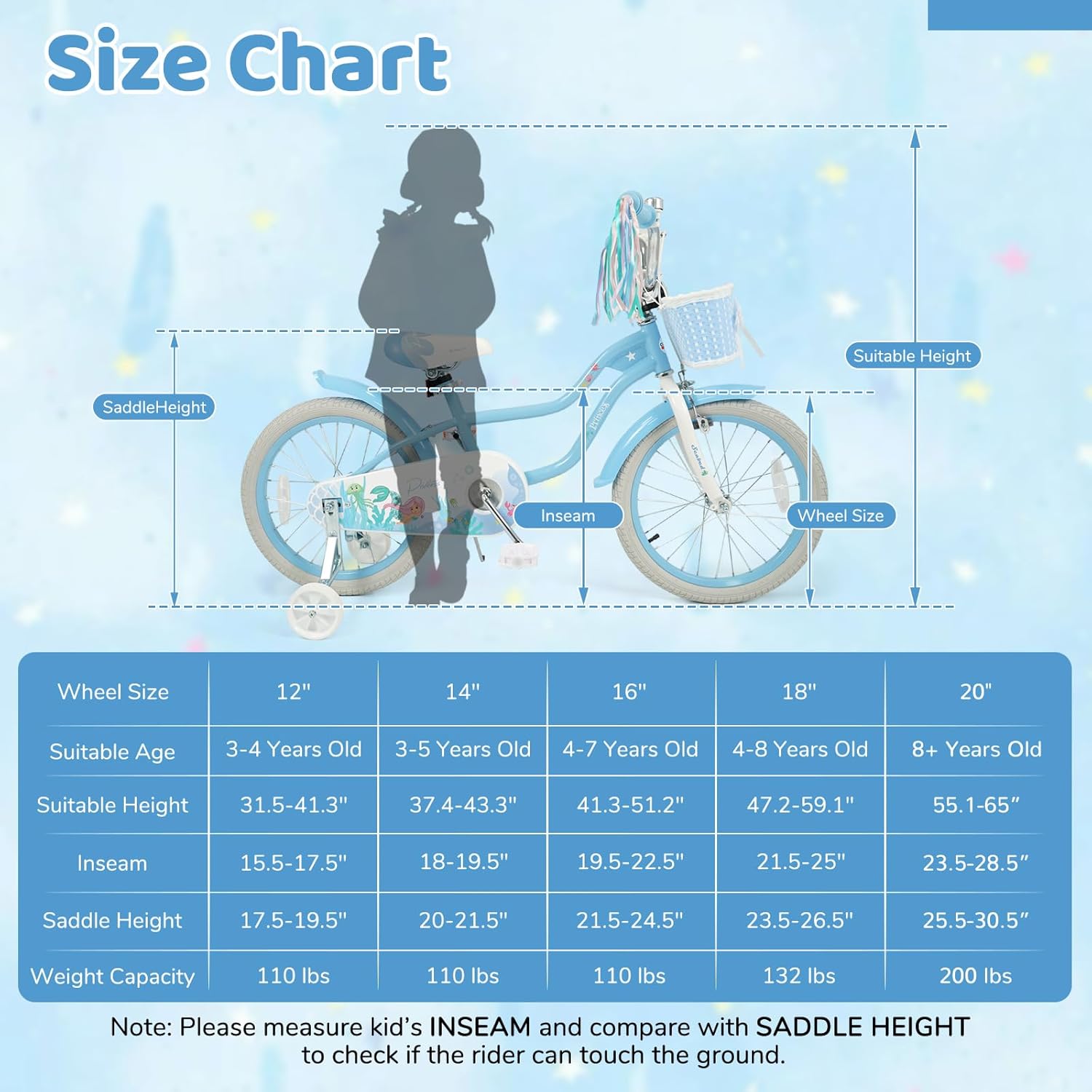 BABY JOY Kids Bike, 12" 14" 16" 18" Mermaid Girls Bike for 3-8 Years Old w/Basket, Training Wheels, Hand & Coaster Brakes, Adjustable Seat & Handlebar, 20" Children Bicycle with Kickstand for 8+