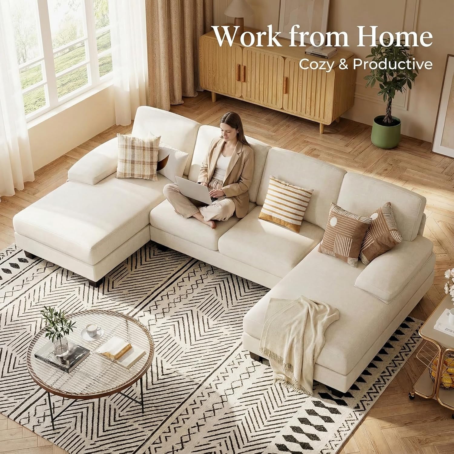 Homall Modular Sectional U Shaped Sofa Couches for Living Room, Comfy Chenille 4 Seat Sofa Set with Removable Pillows, Lounge Chaise Upholstered Couch for for Apartment (Chenille, White)