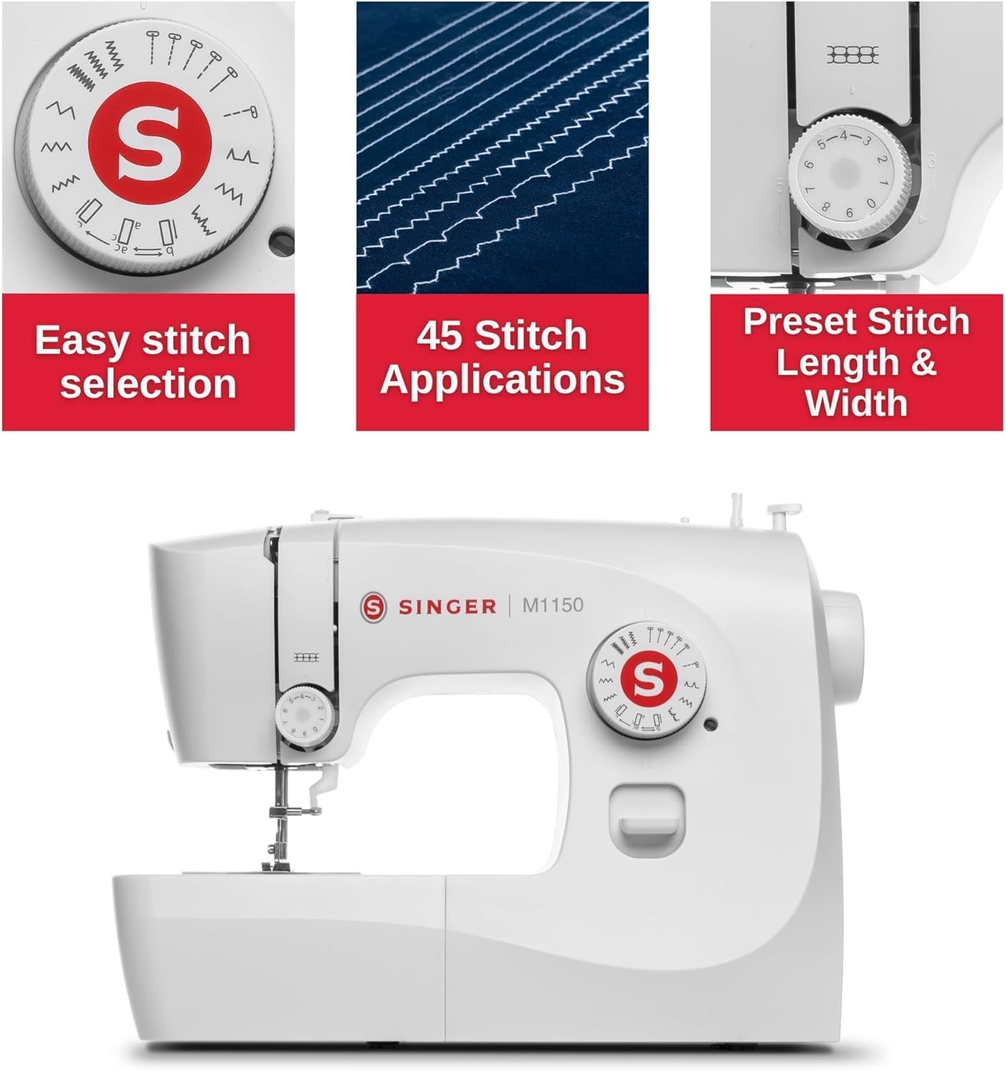 SINGER® M1150 Portable Sewing Machine (White) with Accessories | 16 Built-In Stitches Delivers 45 Stitch Applications | Top Drop-in Bobbin, 4-Step Buttonhole, LED Light | Ideal for Beginners