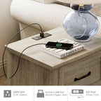 WAMPAT Farmhouse End Table Nightstand with Charging Station, Small Side Table with 2 Drawers & Shelf for Living Room, Light Wood Night Stand Bedside Table for Bedroom, Grey