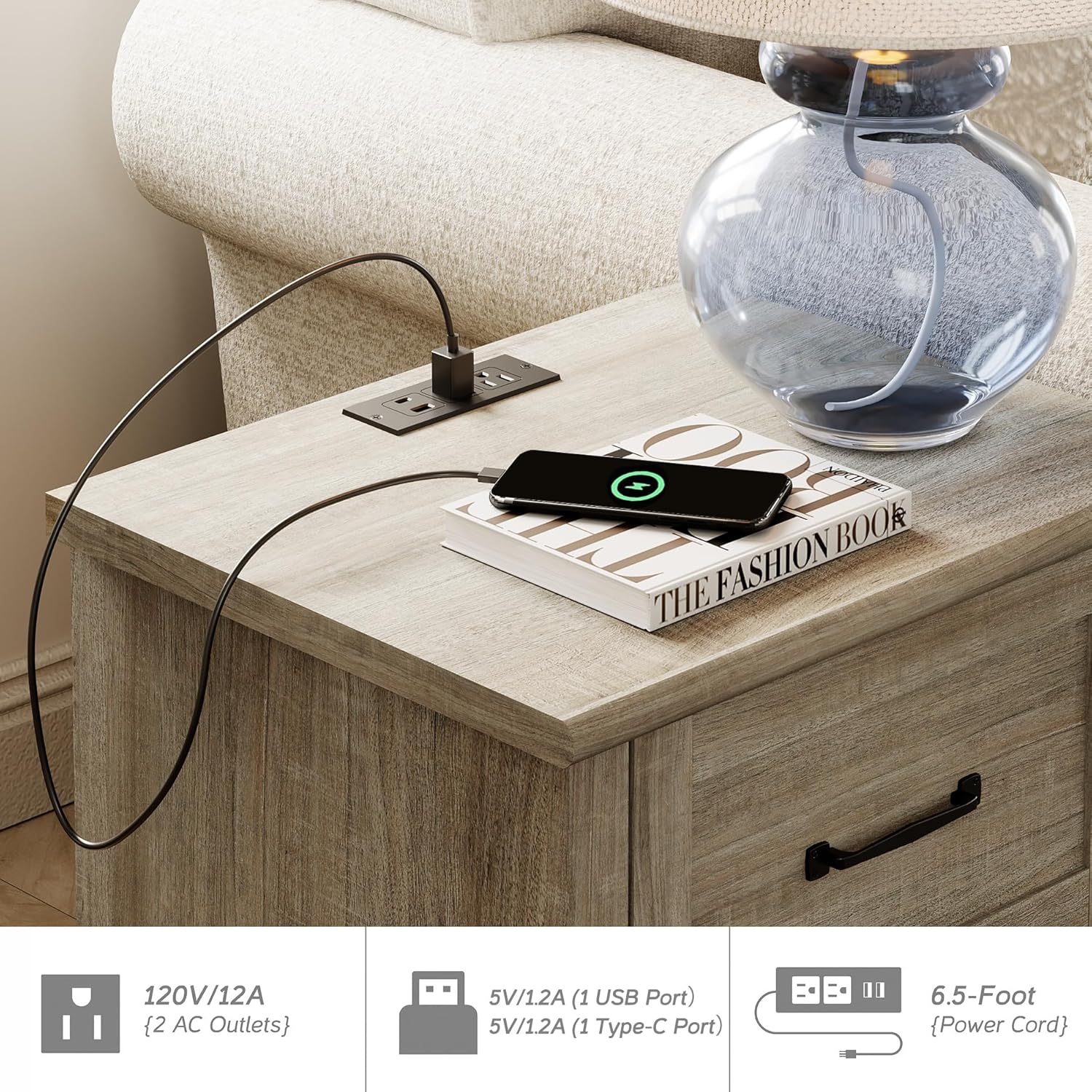 WAMPAT Farmhouse End Table Nightstand with Charging Station, Small Side Table with 2 Drawers & Shelf for Living Room, Light Wood Night Stand Bedside Table for Bedroom, Grey