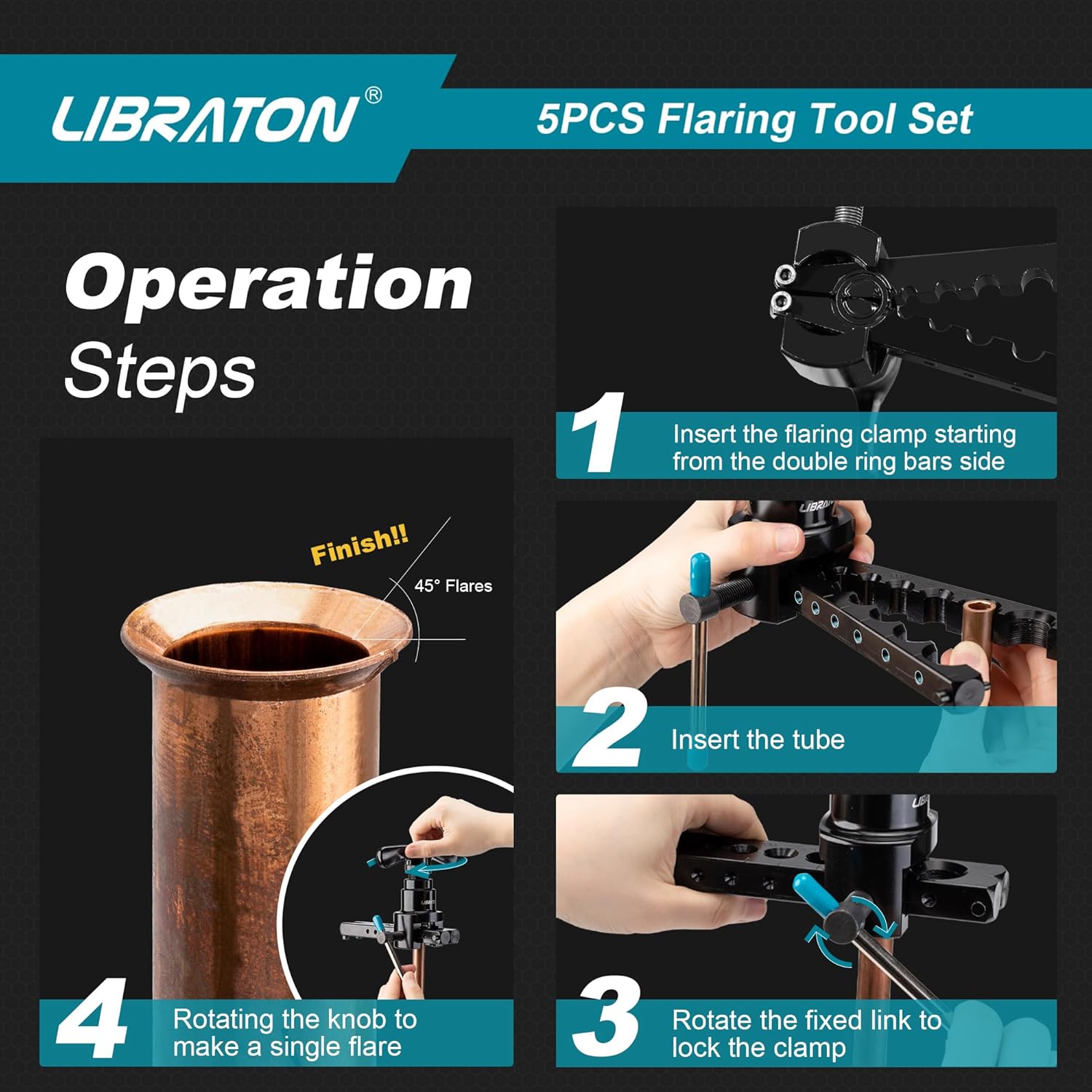 LIBRATON Flaring Tool, HVAC Flaring Tool Kit, Copper Flaring Tool, 45° Eccentric Single Flare Tool for 1/4''-3/4'' and 6-19mm with Pipe Cutter, Deburring Tool for Copper Aluminum Pipe