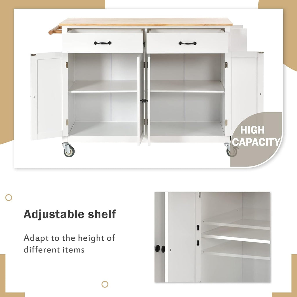 Merax Rolling Mobile Kitchen Island Cart with Wood Top and Locking Wheels, 4 Door Cabinets and 2 Drawers, Spice & Towel Rack, 54.3 Inch Width, White