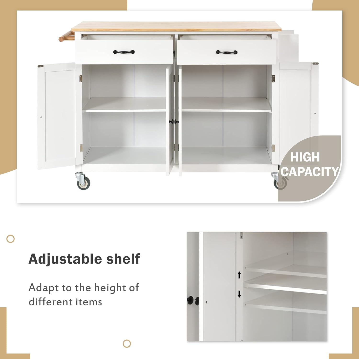 Merax Rolling Mobile Kitchen Island Cart with Wood Top and Locking Wheels, 4 Door Cabinets and 2 Drawers, Spice & Towel Rack, 54.3 Inch Width, White
