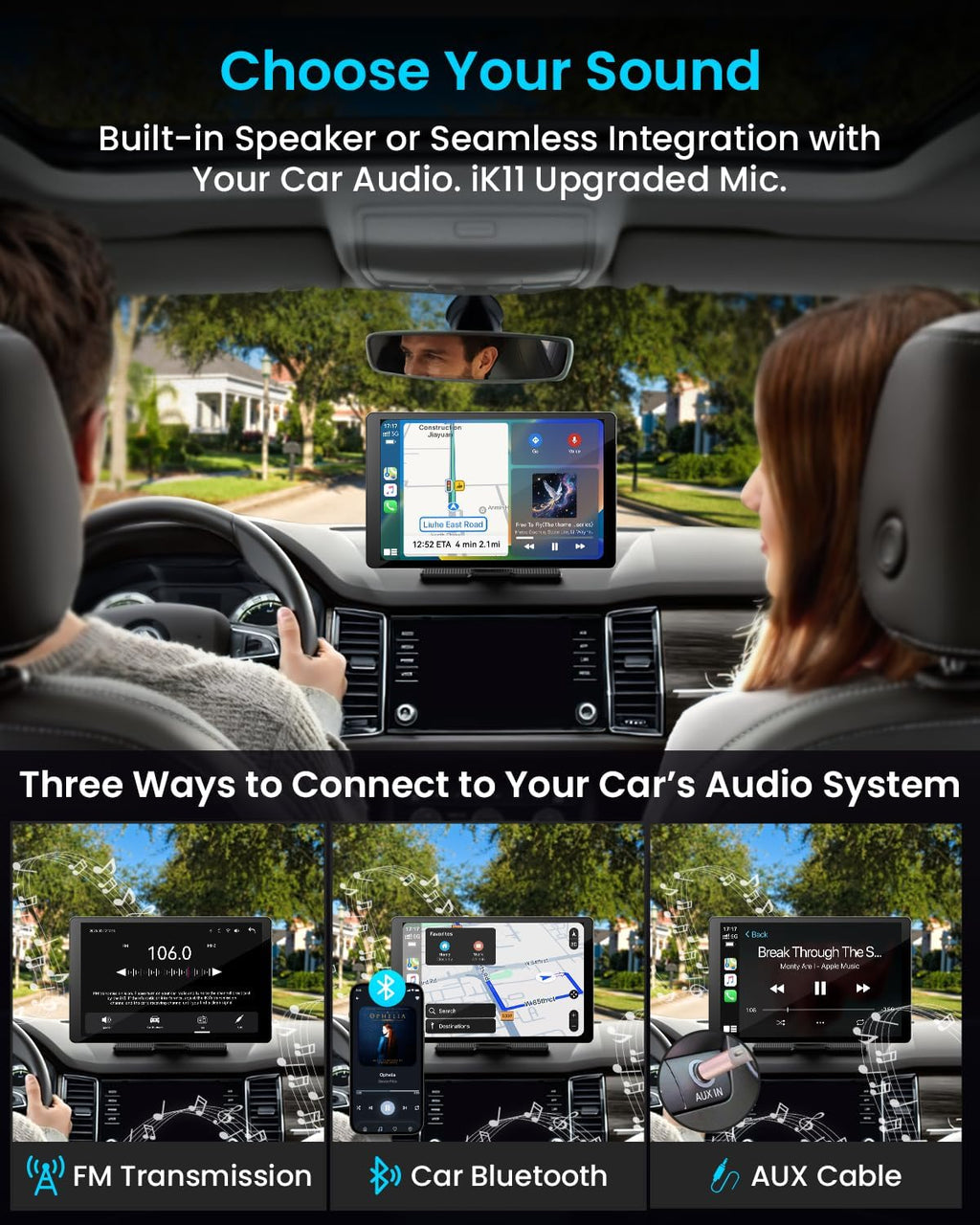 11" Extra Large Wireless Apple CarPlay Screen for Car – Ultra-Slim 0.16 Inch Touchscreen Car Stereo with Android Auto  4K Dash Cam  1080p Backup Camera  GPS  Mirror Link  Voice Control