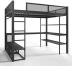 Bellemave Queen Size Loft Bed with Storage Shelves & Hanging Rod, Metal Queen Loft Bed Frame with Desk for Kids Teens, Black