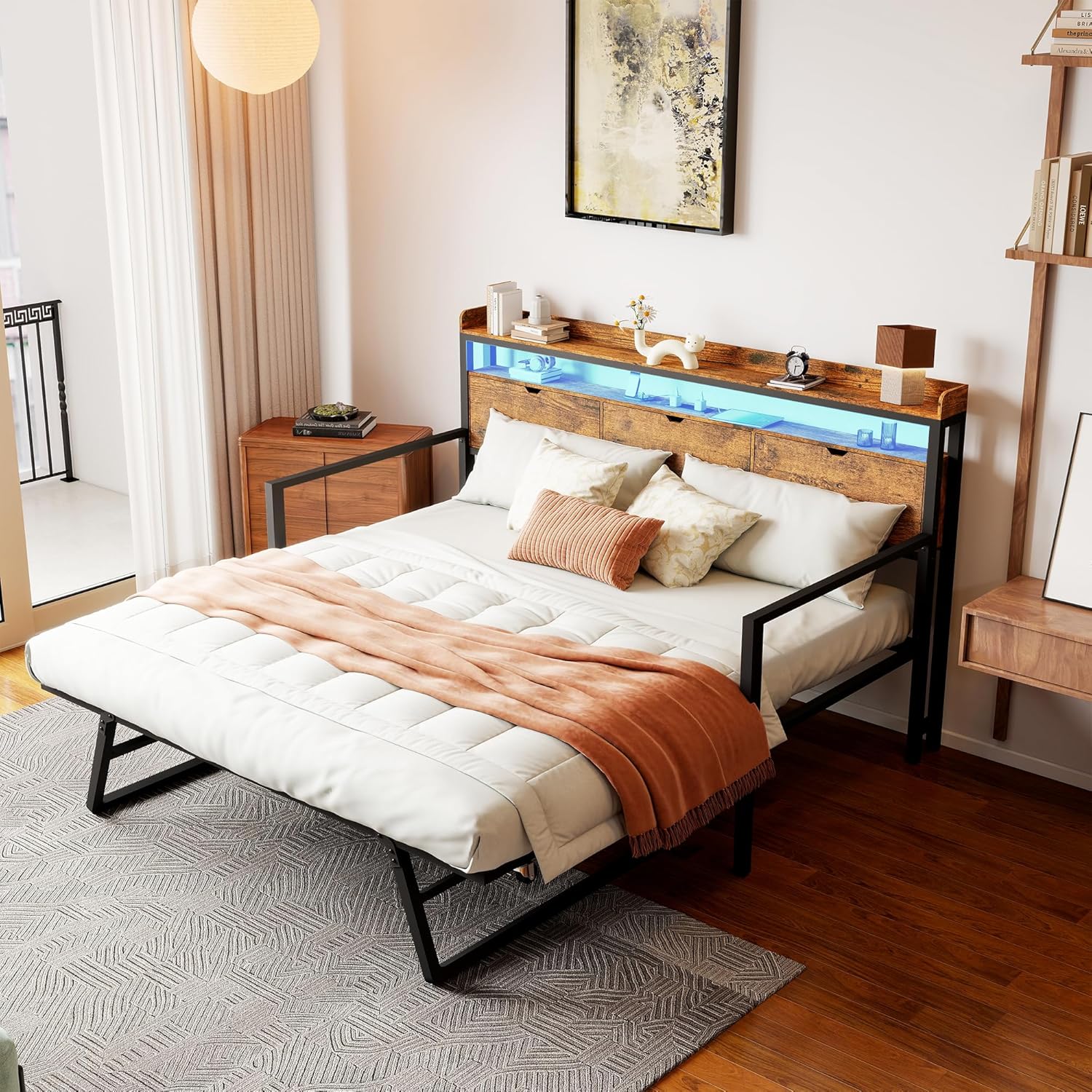 Betterhood Daybed with Trundle, Twin to King Bed Daybed Trundle Bed, Heavy Duty Metal Bed Frame with Storage Headboard & Charging Station, Day Bed Frame for Living Room Bedroom Guest Room (Daybed)