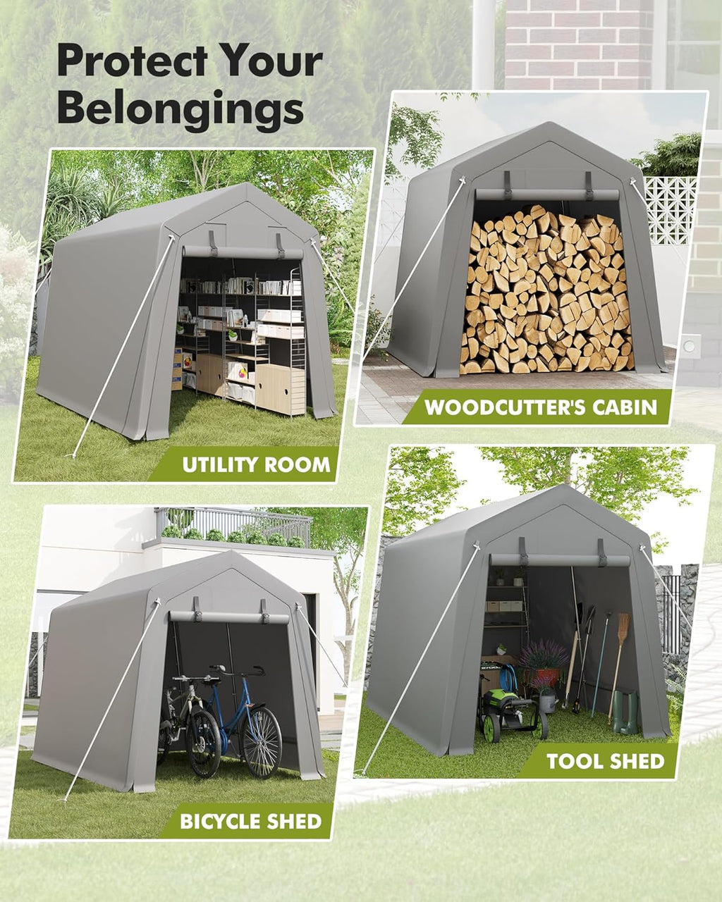 7x10 FT Portable Carport Storage Shed Tent – Heavy Duty Waterproof & UV-Resistant Motorcycle Tent with Roll-Up Zipper Doors, Steel Frame Shelter for Bike, Outdoor Tools & Equipment, Grey