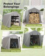 7x10 FT Portable Carport Storage Shed Tent – Heavy Duty Waterproof & UV-Resistant Motorcycle Tent with Roll-Up Zipper Doors, Steel Frame Shelter for Bike, Outdoor Tools & Equipment, Grey