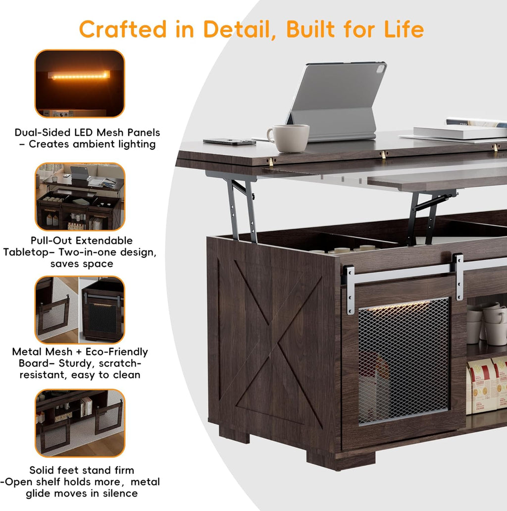Upgraded Coffee Table with Lifting Top And Sliding Doors, Thick Panels, Industrial Metal Mesh Sides, Dual LED Accent Lights, Large Storage Center farmhouse square Table for Living Room, Dusk Walnut