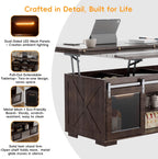 Upgraded Coffee Table with Lifting Top And Sliding Doors, Thick Panels, Industrial Metal Mesh Sides, Dual LED Accent Lights, Large Storage Center farmhouse square Table for Living Room, Dusk Walnut