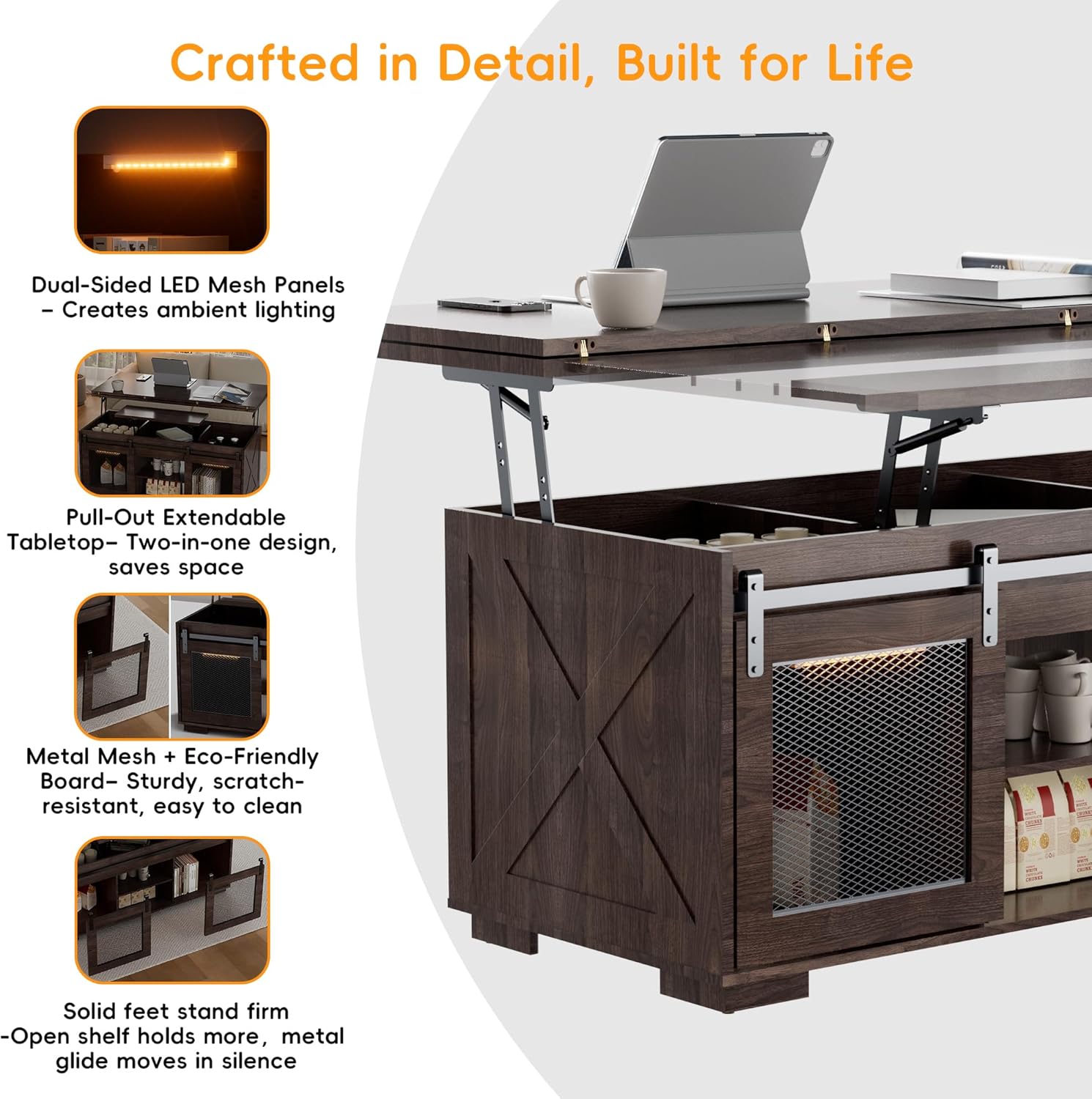 Upgraded Coffee Table with Lifting Top And Sliding Doors, Thick Panels, Industrial Metal Mesh Sides, Dual LED Accent Lights, Large Storage Center farmhouse square Table for Living Room, Dusk Walnut