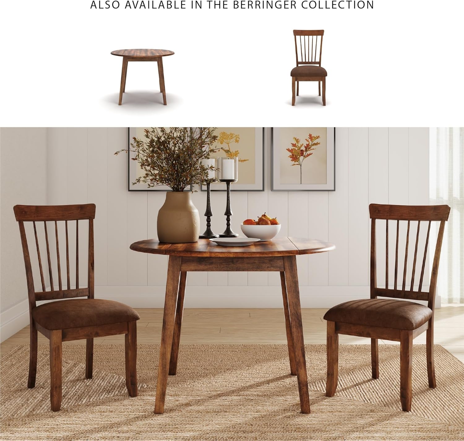 Signature Design by Ashley Berringer Dining Room Round Drop Leaf Table, Rustic Design, Seats 4, Hinged Extension Leaves, Small Space Solution, 42" W x 42" D x 30.63" H, Rustic Brown