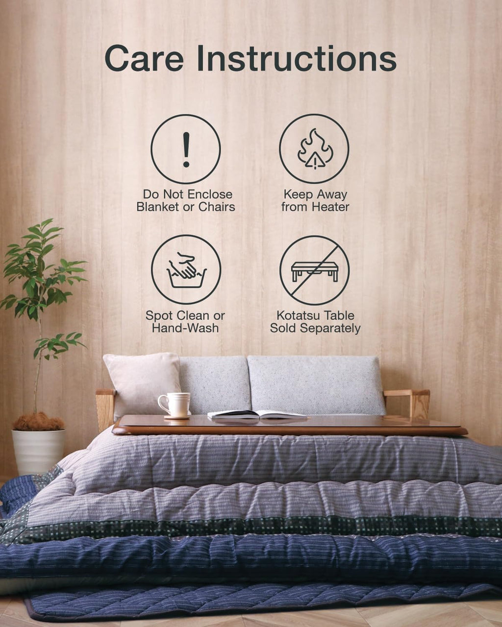 FULI Japanese Kotatsu Blanket, Warm Quilted Kotatsu Futon Comforter, 100% Cotton Top, Made in Japan, 81x96 in / 205x245 cm Rectangle (Black)
