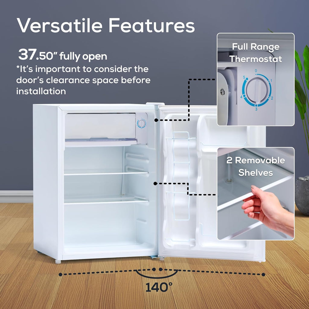 Igloo 2.6 Cu.Ft Mini Fridge with Freezer- Single Door Compact Refrigerator with Glass Shelves for Homes, Dorms & Offices- Keep Snacks, Drinks & Frozen Foods Cool with Temperature Control Fridge- White