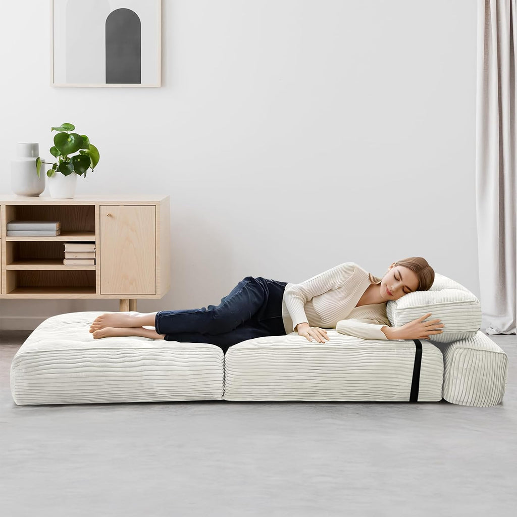 tantohom Folding Sofa Bed, Convertible Sleeper Chair with Pillow Foldable Mattress with Back Support,Space-Saving Sofa for Living Room,Bedroom (White)