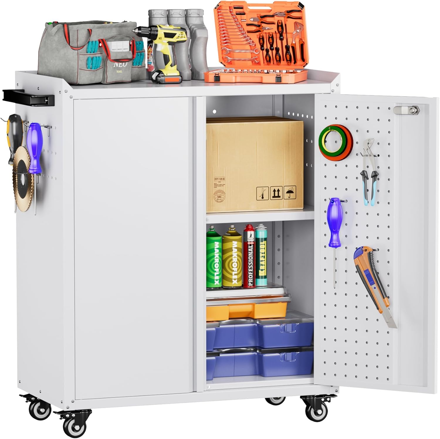 SUXXAN Storage Cabinet with Wheels and Pegboard, Rolling Garage Storage Cabinet with Locking Doors and Adjustable Shelf, Heavy Duty Steel Utility Cabinet for Home Office, Assembly Required