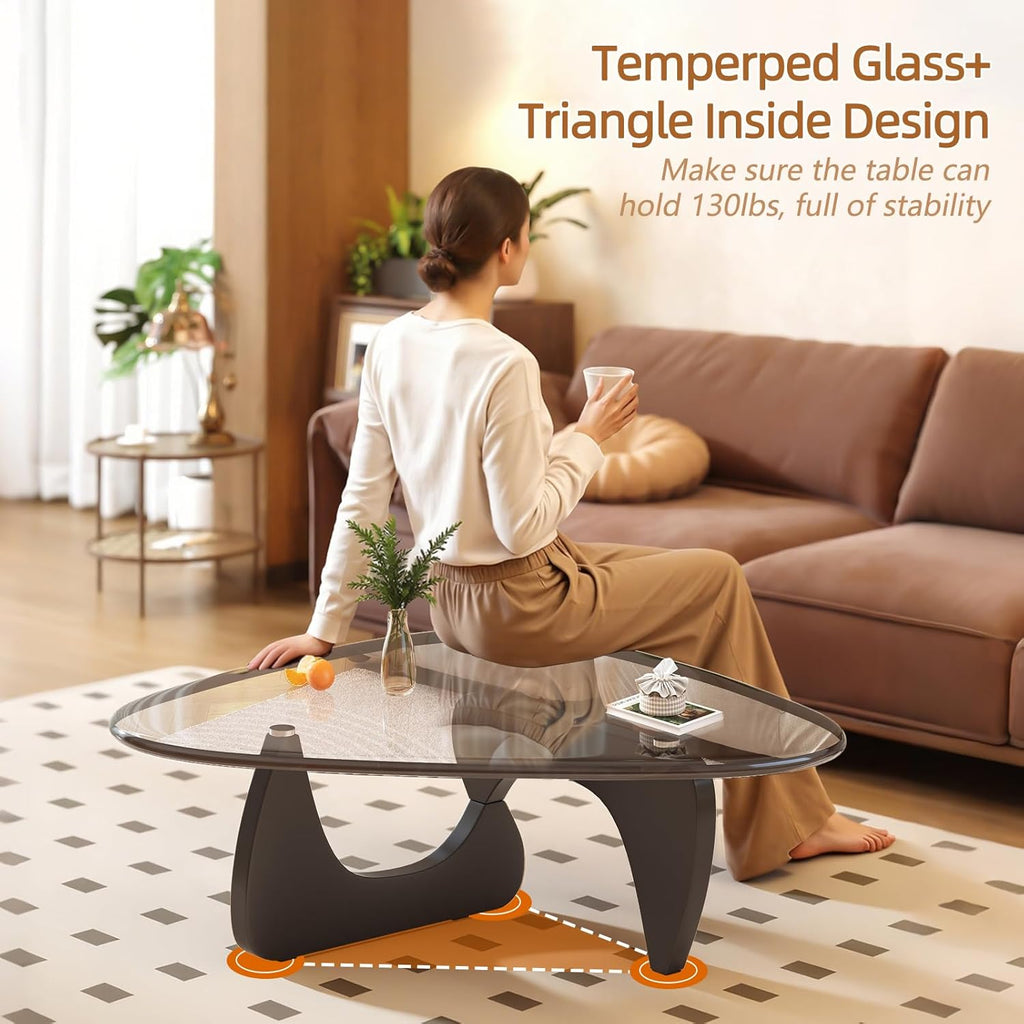 Coffee Table for Living Room Mid Century Modern Center Small Table with Glass Top and Wood, Black Transparent(32 Inch)
