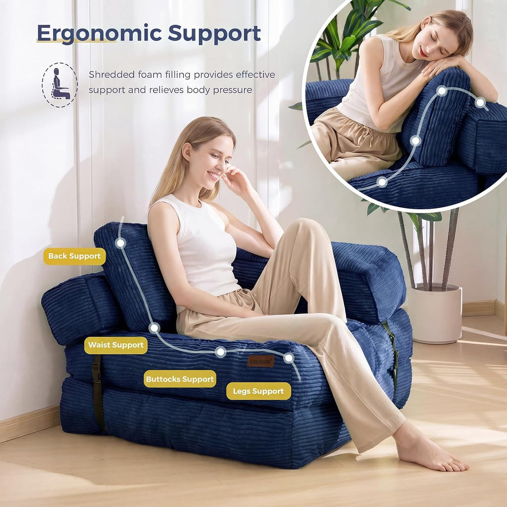 MAXYOYO Folding Sofa Bed, L-Shaped Convertible Sofa Bed with Armrest Foldable Sleeper Sofa with Pillow, Portable Fold Out Chair Bed Comfy Floor Lounge for Living Room Bedroom, Navy